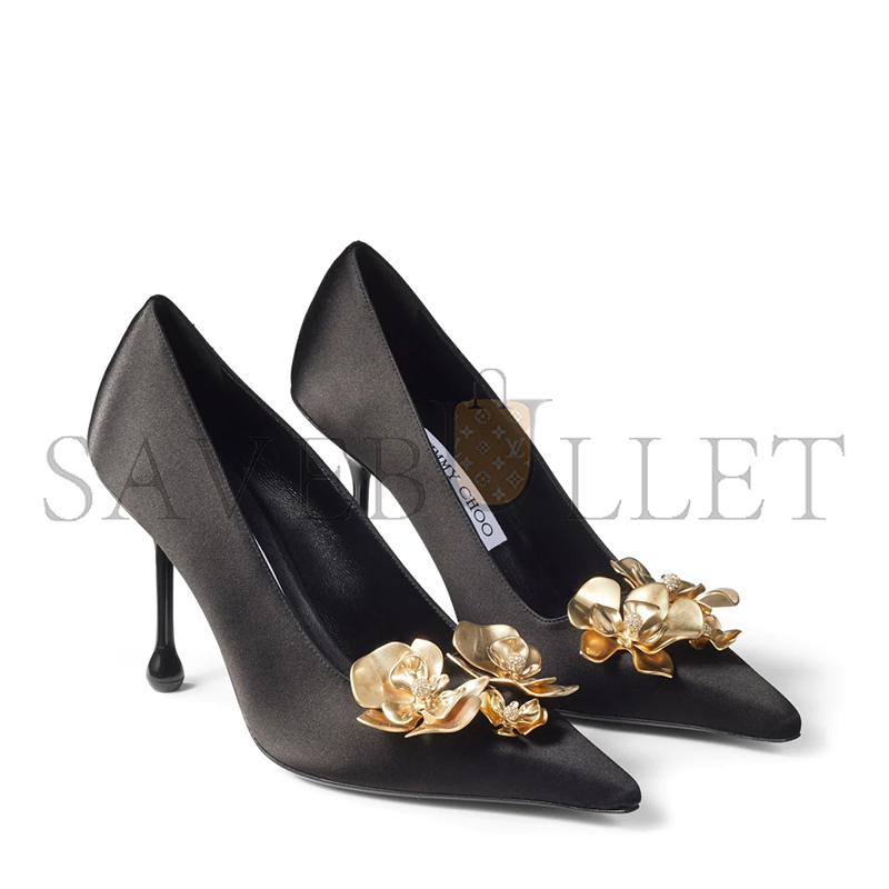 JIMMY CHOO IXIA 95 BLACK SATIN PUMPS WITH FLOWERS IXIA95BGU JIMMY CHOO IXIA 95 BLACK SATIN PUMPS WITH FLOWERS IXIA95BGU